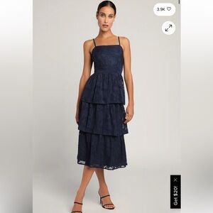 Lulu’s Grace and Beauty Navy Blue Burnout Floral Print Tiered Dress